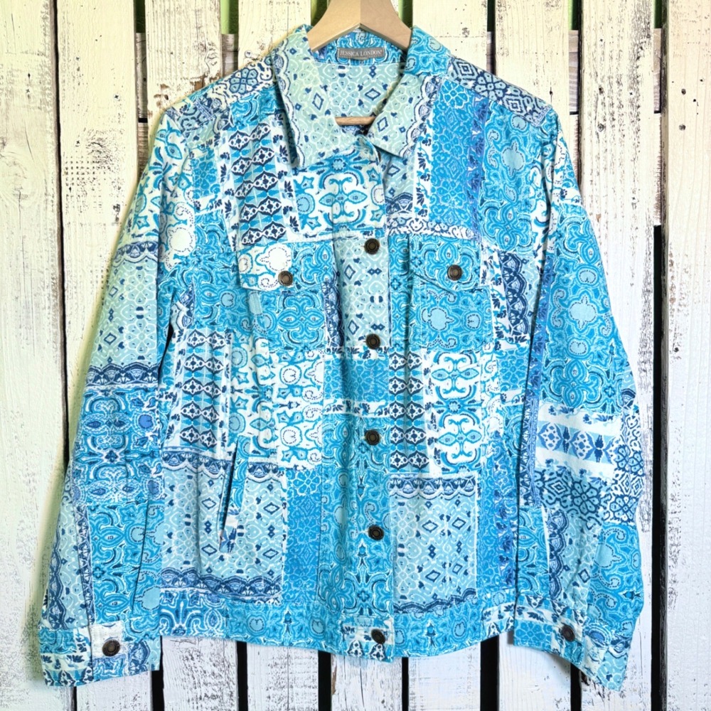 Jessica London Blue Patchwork Paisley‎ Denim Jacket Plus Size 20 W Floral Boho